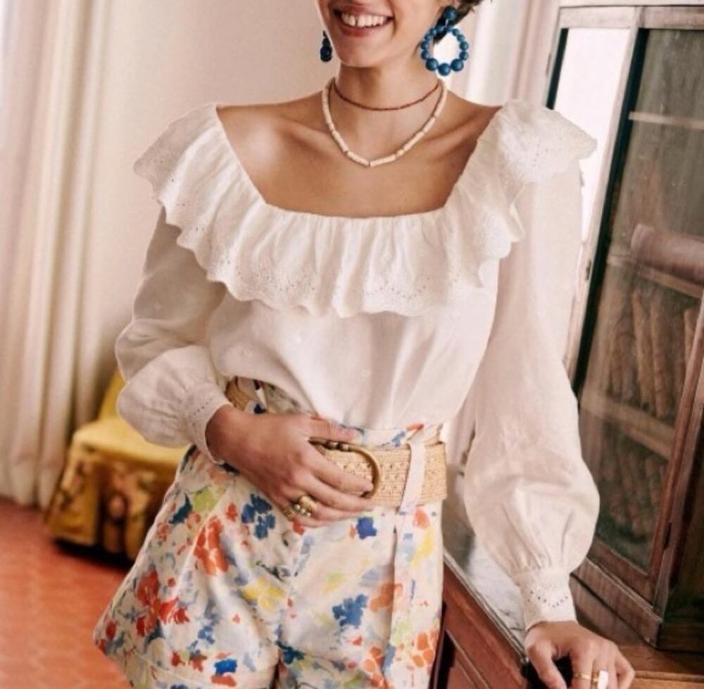 Sézane Franceska Blouse White Linen Cotton Ruffle Eyelet Prairie Top Sz 36 US 4